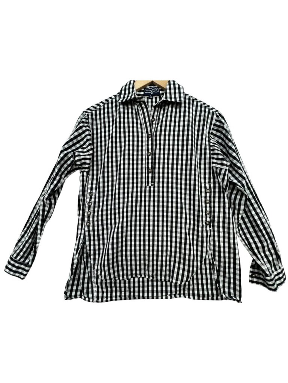 Duffield Lane Womens Half Button Popover Shirt Long Sleeve S Black White Gingham